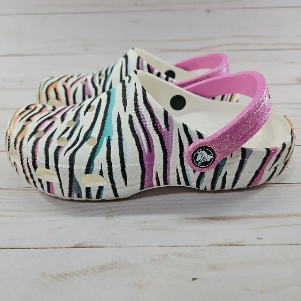 Crocs Kids Classic Size J5 Zebra Animal Print Striped Glitter‎ Clogs